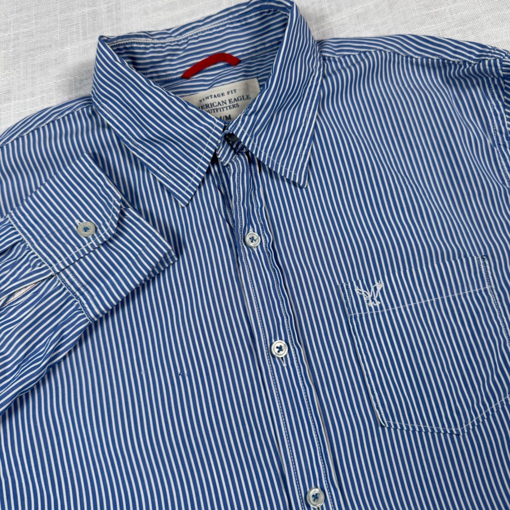Y2K 00s American Eagle Button Down Shirt Men M Blue Stripe Vintage Fit Preppy